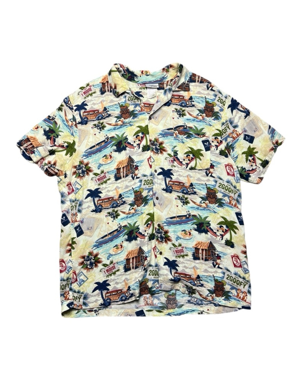 Walt Disney World Shirt Men’s L Goofy Mickey Mouse Pluto Hawaiian Shirt Rayon